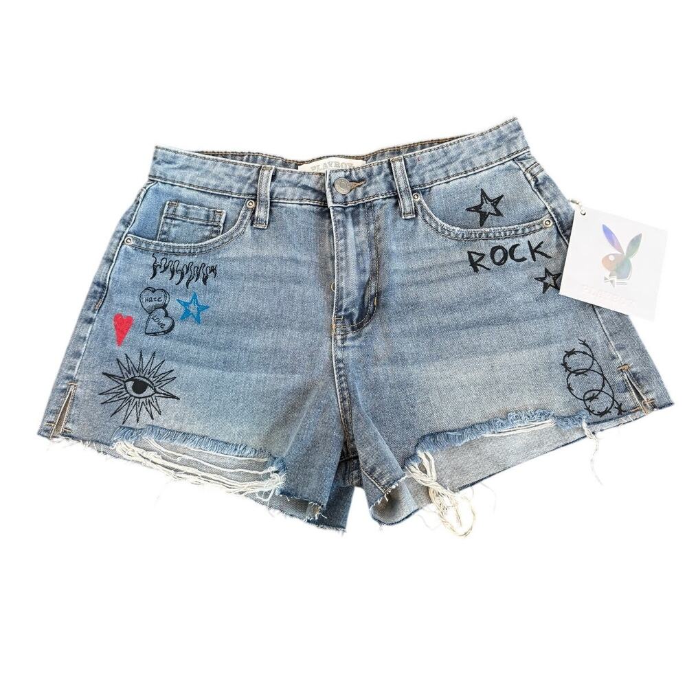 Playboy Graphic Denim Cutoff Shorts